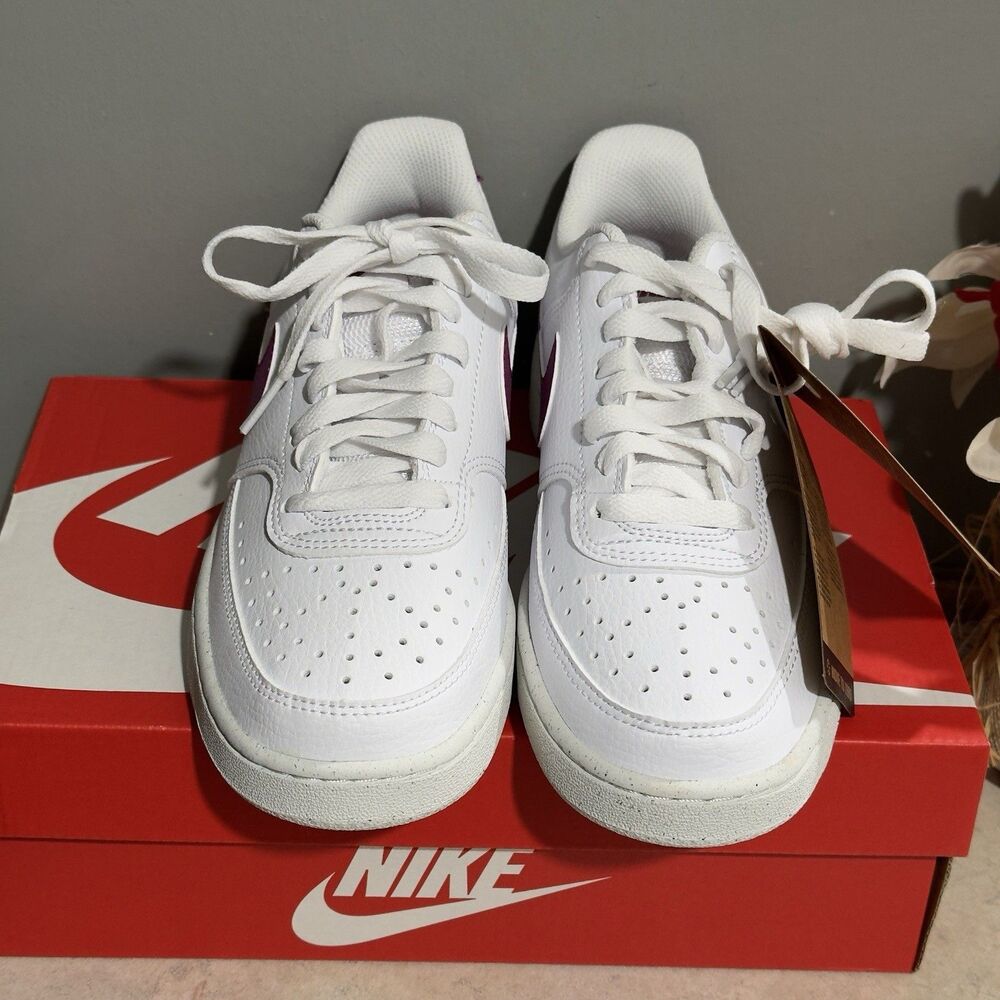 NEW Women Nike Court Vision Low Next Nature Shoes US 9.5 White W/Magenta Swoosh - Picture 9 of 16